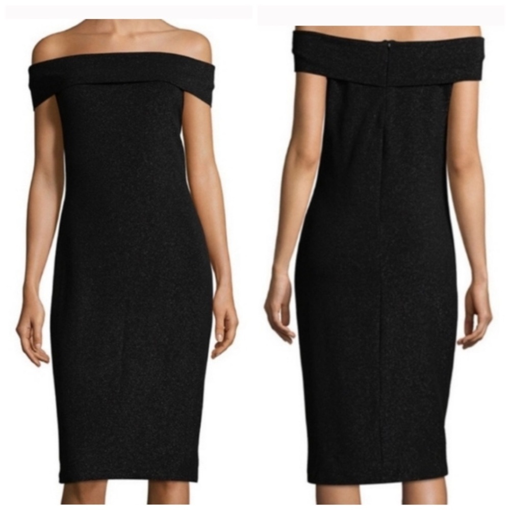 Ted Baker Metallic Shimmer Off Shoulder Bardot Vindy Stretchy Dress in Black